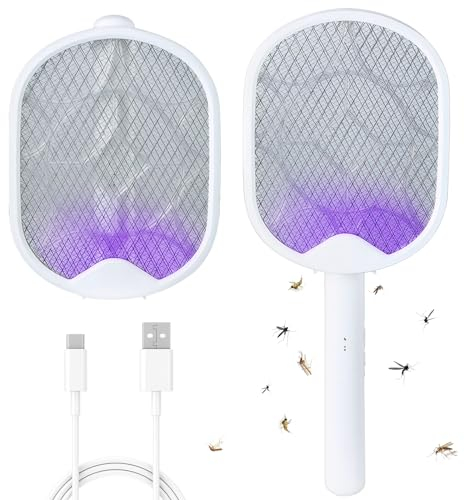 Oziral 2 in 1 Elektrische Fliegenklatsche Elektrische Fliegenfänger Insektenvernichter Mücken- und Fliegenvernichterfalle 3000V USB wiederaufladbar für Zuhause, drinnen und draußen, Garten, Zuhause