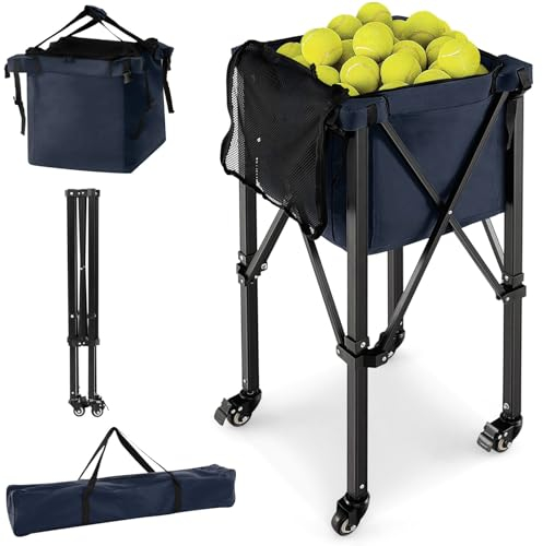GYMAX Tennisballwagen faltbar, Ballwagen mit Aluminiumrahmen & Tragetasche, Tenniswagen bis 30 kg belastbar, Transportwagen für Tennisball, Baseball & Pickelball (Blau)