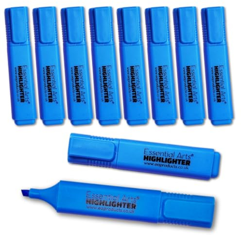 Essential Arts Square Blue Highlighter Pen Pack of 10 | Chisel Tip Fluorescent Highlight Marker Pens for Office, School Art and Business
