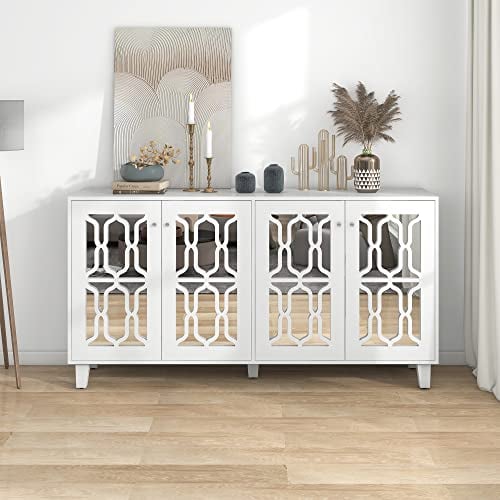 Moimhear Casa e soggiorno, mobili, credenza a specchio con manici in cristallo fresco, quattro ante, con laminato mobile, per soggiorno e sala da pranzo, 160 x 40 x 84 cm (bianco)