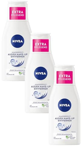 NIVEA Wasserfester Augen Make-Up Entferner (125 ml), sanfter Make-Up Entferner mit Kamillen-Extrakt und Provitamin B5, entfernt selbst wasserfeste Mascara und Make-Up (Packung mit 3)