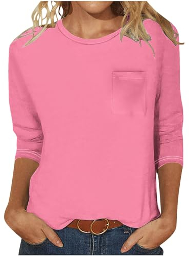AEGJEGVD Oberteile Damen Weich Hemd Modische Oversized Baumwolle 3/4 Ärmel Frühling Einfarbig Lässig Locker Hemde Work Rundhals Boxy Oberteil mit Taschen Tunika Bluse Tops Urlaub