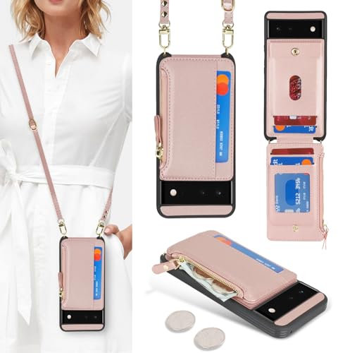 SailorTech Coque pour Google Pixel 6 Étui avec Porte-Cartes de crédit, Etui pour Google Pixel 6 Housse avec Courroie de Cou Portefeuille avec Fentes pour Cartes de crédit-Or Rose