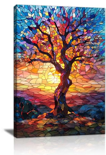 Coloré Arbre de Vie Murale Moderne en Toile Encadrée, Arbres bleu-orange Poster Imprimé sur toile Tableau Décoration Murale pour Chambre à Coucher Salon Salle de bain Prêt à accrocher 40x60CM