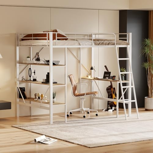 Hochbett 90x200, Metallbett Einzelbett Bettgestell mit Schreibtisch und 3 Stauraum Ablagen, Rausfallschutz Bett Funktionsbett Stockbett für Kinder, Jugendliche und Erwachsene, Ohne Matratze, Weiß