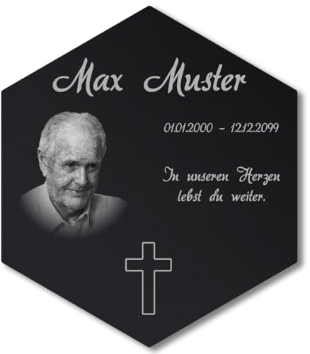 Paule Black Personalisierter Sechseck Grabschmuck mit Foto Gravur - Acrylglas Schwarz Hochglanz 350 x 400 mm - wetterfest und wasserfest für Draußen und Innen, für Opa, Oma, Mama, Papa und Verstorbene