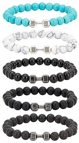 SUPERFINDINGS 5 Stil Hantel Armbänder Set Schwarz Gewichtheben Armbänder Natürliche Vulkanische Lava Stein Armbänders Angst Perlen Armbänders Fitness Schmuck Geschenke Für Männer Frauen