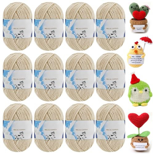 Gomitolo di cotone per uncinetto, 50 g × 12, cotone per uncinetto, lana morbida, per lavorare a maglia, uncinetto e artigianato fai da te (beige)