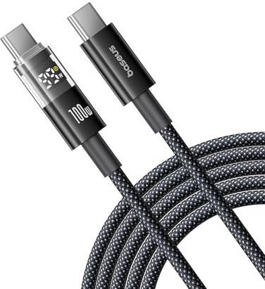 Baseus Cable USB C con Pantalla Digital, Cable de Carga Rápida Tipo C a C de 100 W con 480 Mbps, Cable Trenzado, Compatible con iPhone16/16Pro/16Pro Max/15, Samsung S24U, Macbook, Surface Laptop, 2m