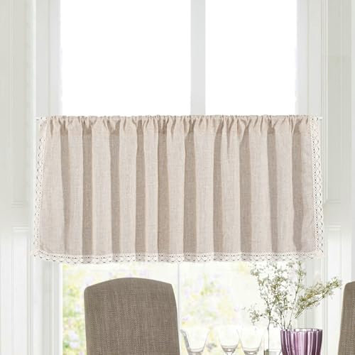 Skcess 1PCS Flächenvorhang Beige, Baumwolle Leinen Vorhang Abdunkelnd Einfarbig Mit Spitze Kurze Vorhänge 150X60CM