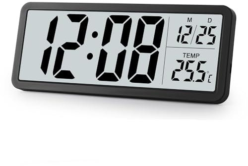 Nhemeylp Digital Clock, Digital Wall Clock with Big Digits, LED Display Desk Clock, Large Digital Clock for Living Room Bedroom Office School Garage Warehouse (Black)