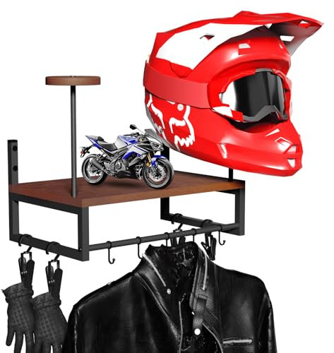 GHWMYD Porte Casque Moto Mural, Support Casque Rétro avec Planches en Bois et de 2 Porte de Casque pour Moto équipement, Football et de Vélo, Veste Moto Étagère de Rangement, 41 x 26 x 20.4 cm