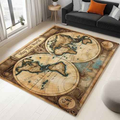 Teppich Waschbarer rutschfest Retro Weltkarte, 60 x 90 cm Teppich Weich Pflegeleicht Kurzflor für Kinderzimmer Küche Esszimmer Wohnzimmer, Braun Teppiche Modern