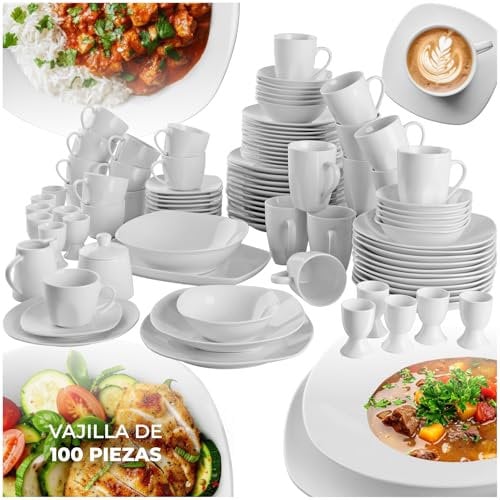 tectake® Geschirrset 12 Personen, Porzellan Geschirr Set 100tlg, u.a. 12x Dinner Teller Set, 12x Dessertteller, 12x tiefe Teller, 12x Tasse, 12x Müslischale, Salatschüssel, Milchkännchen, Zuckerdose