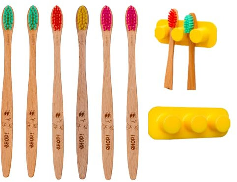 [EHOP] Lot de 6 Brosses à Dents en Bois Français avec Ventouse murale | Poils Extra Souples | Convient aux Enfants | Fabrication Française | Brosses Écologiques | Dentaire Zéro Déchet, Manche Biobasé