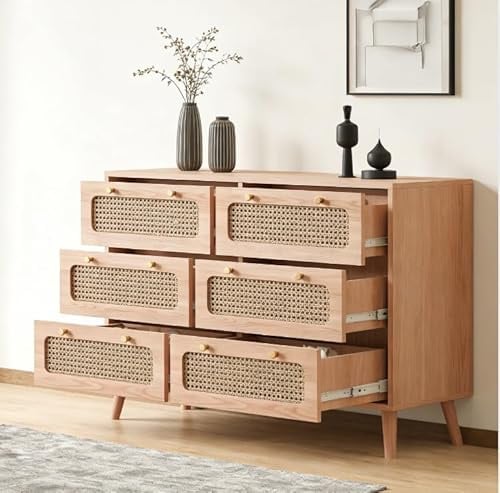 Julyue Rattan Kommode mit Schubladen, Schubladenschrank Vintage Holzkommode Große Kommode Sideboard Komode Schrank für Schlafzimmer, Wohnzimmer(6 Schubladen)