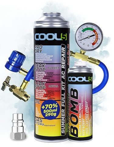 COOL5 5en1 - Repuesto de refrigerante R134a para de aire acondicionado para vehículos 1995-2016 + manguera de presión con manómetro + bomba de refresco + adaptador R12 + APC 500ml