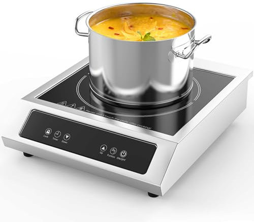 Induction Cooktop, Commercial 3500W Stainless Steel Hot Plate, 110lb Load Capacity, 9 Power Levels, Touch Control, Safety Lock, 4-Hour Timer
