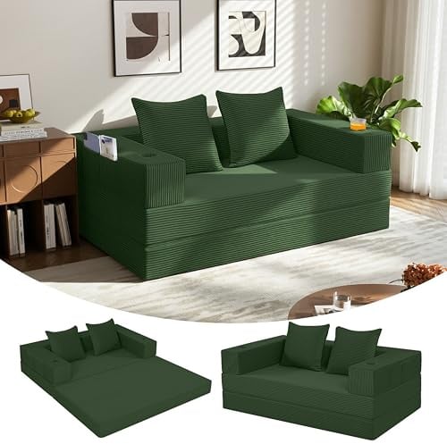 MeMoreCool Schlafsofa 4-in-1 mit Armlehnen, Klappbares Bodensofa, Grün | Wandelbares Bodensofa mit Matratze und Schlaffunktion, ideal als Lounge Gästebett oder Sessel für Wohnzimmer und Schlafzimmer