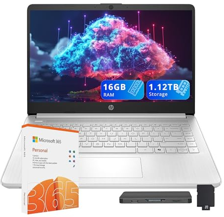 HP Stream Laptop da 14 Pollici per Studenti e Business, Processore Intel N150, 16 GB di RAM, 1,12 TB di Archiviazione (128 GB UFS+1 TB Docking Station), Wi-Fi 6, 1 Anno di Office 365, Copilot AI