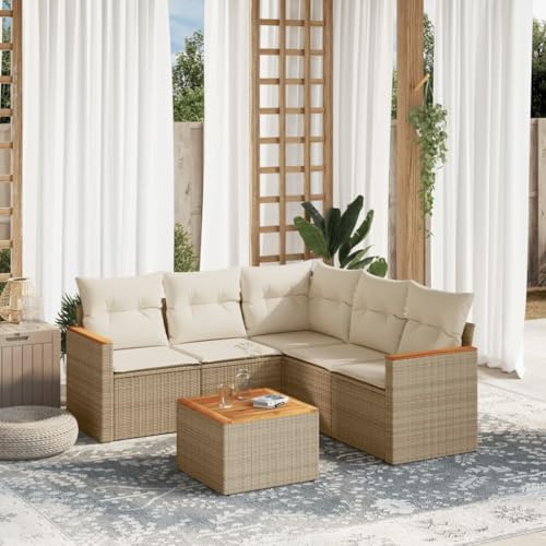 QJBSAVVA Poly Rattan Lounge Set Beige 6 teilig 62x62x69 cm Ecksofa Mittelelemente Tisch Akazienholz Outdoor Sitzgruppe für Garten Balkon Terrasse Modernes und Robustes Gartengarnitur