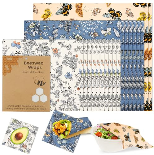 18 Stück Bienenwachstücher Bio-Baumwolle Natürliches Bienenwachs 10 x Kleine 6 x Mittelgroße 2 x Große Wachstücher für Lebensmittel Packen Sandwiches Kinderbrotdosen Obst Snacks Käse Brot Nüsse
