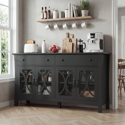 Modern Black Sideboard with Glass Doors,140cm Storage Cabinet with Drawers | Large Wooden Buffet Cabinet with Adjustable Shelves, Elegant Buffet Sideboard for Dining Room, Kitchen, Living Room & Hallway
