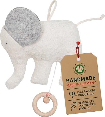 Efie Spieluhr Elefant mit Wollfilz Ohren, Material aus kontrolliert biologischem Anbau, 100% Made in Germany seit über 60 Jahren (Melodie Schuberts Wiegenlied)