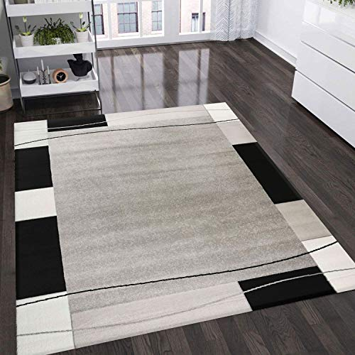VIMODA Teppich kurzflor Modern Retro Stil mit Bordüre Grau Schwarz Weiß für Wohnzimmer, Schlafzimmer, kinderzimmer, Maße:200x290 cm