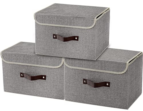 Tebery 3 Pack Foldable Storage Boxes, Storage Bins with Lids, 38x25x25 cm Fabric Storage Baskets with Handle, Storage Containers Organizers for Toys, Books, Closet, Bedroom, Home (Grey)