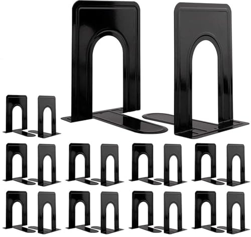 Metal Bookends 20 Pack Black Heavy Duty Nonskid Supports 6.6in | Black Metal, 10 Pairs, Plain L-Shape Design, Nonskid Supports, for Heavy Books Home Office School and Library Shelves