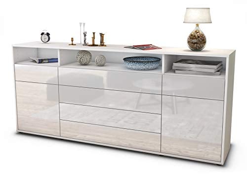 Stil.Zeit Sideboard Evelina, Korpus Weiss matt, Front Hochglanz Weiß (180x79x35cm) Push-to-Open Technik & Leichtlaufschienen