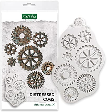 Katy Sue Distressed Cogs Silicone Mould for Cake Decorating & Crafts. Makes 7 Different Cogs, Wheels or Gears. Use with Fondant & Air Dry Clay for Steampunk, Industrial, Mechanical, Cycling-Themes