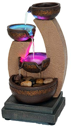 11 H Golden Tiered Bowl Fountain with Color Changing LED Lights with Adapter Brown