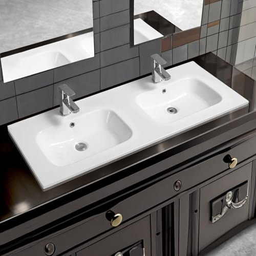 Limoge 4010 Ceramic 121cm Thin-Edge Double Inset Bathroom Basin with Dual Oval Bowls - Modern Drop-in Self-Rimming Top-Mount Rectangular Sink for Vanity or Countertop Installation