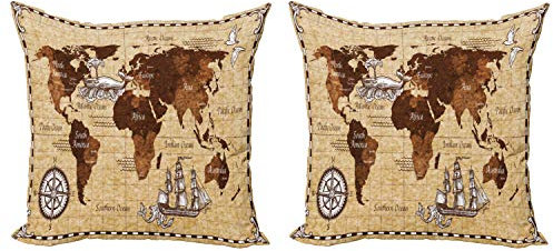 ABAKUHAUS Karte Dekokissen Kissenbezug 2er Pack, Retro Skizze Weltkarte, Modern Accent Doppelseitiger Digitaldruck, 40x40, Braun und Sand Braun