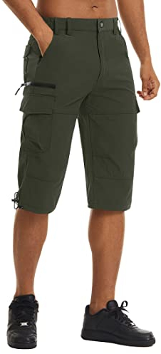 KEFITEVD Herren 3/4 Cargohose Sommer Atmungsaktiv MTB Hose Capri Funktions Radhose Outdoor Sommerhose Trekkinghose mit Stretchbund Wasserabweisend Anglerhose Wandern Arbeiten Dunkeloliv 38