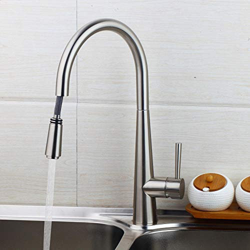 Huin Rubinetto da cucina a spruzzo estraibile Miscelatore da cucina in nichel spazzolato Miscelatore da cucina monocomando in ottone