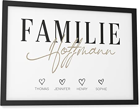 Papierschmiede® Bild Familie Personalisiert mit Namen und Herzen, DIN A4 (21x30 cm) Rahmen wählbar, personalisierte Geschenke zum Einzug Hausbau Wohnung Einzugsgeschenk Flur Bilder