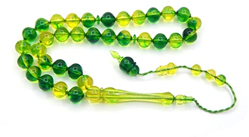 Gebetskette Tesbih Tasbih Tespih Misbaha Subha 33, 32cm, Muslimisches Islamic Rosenkranz Prayer Anbetungszubehör Ottoman Grün Gelb Perlen Kugel 10mm