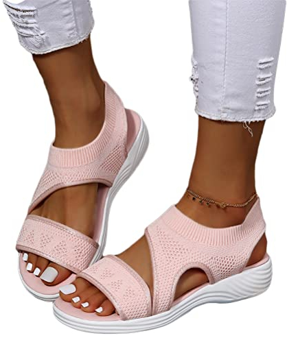 Onsoyours Damen Sandalen Bequem Flach Klettverschluss Sandaletten Mit Absatz Sommer Vintage Elegant Schnüren Schuhe Ultraleichte Tennisschuhe Stretch Fly Woven B Rosa 40 EU