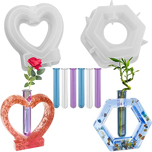 2 Satz Vase Harzformen, FineGood Silikonformen für Harz Herz Hexagon Epoxidharz Formen für Hydrokultur Pflanze Blume mit 6 Röhren
