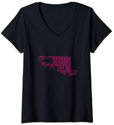 Femme Carte mandala floral du Maryland T-Shirt avec Col en V
