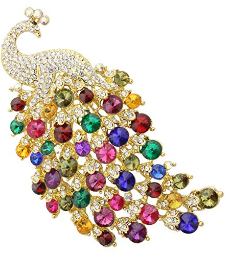 KristLand Vintage Große Pfau Tier Brosche Anstecknadel Zierlich Strass Funkelnd Kristall Brosche Vogel Modeschmuck Accessoires für Schal Corsage Party Geburtstag Geschenkbox Damen Herren Gold Farben