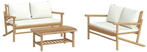 vidaXL Salon de Jardin avec Coussins 3 pcs, Bancs avec Dossier et Accoudoirs, Ensemble de Meubles avec Table Basse Patio Terrasse, Rustique, Blanc Crème Bambou