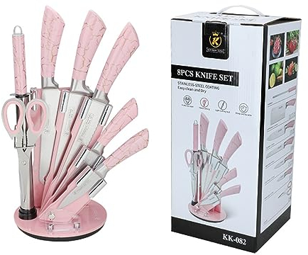 HRZZEOKV Juego de cuchillos de cocina de 8 piezas - Acero inoxidable - Juego de cuchillos de 8 piezas que incluye cuchillo de chef, cuchillo de cocina y portacuchillos,Rosado