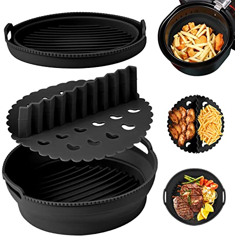 Foldable Air Fryer Divider, 8.4 Inch Reusable Round Air Fryer Basket with Separator Tray, Oven Microwave Air Fryer Divider Basket Replacement Compatible with Ninja, Tower, COSORI, Salter