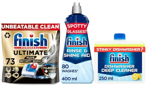 Finish Ultimate Plus Infinity Shine Dishwasher Bundle – 73 Tablets, 400ml Rinse Aid, & 250ml Lemon Dishwasher Cleaner