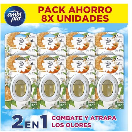 Ambipur Ambientador Para Baño, Elimina y Previede De Malos Olores En El Cuarto De Baño, Fragancia Naranja y Canela, Pack de 8 Unidades