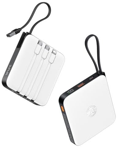 VRURC Power Bank Cavi Incorporati, 20000mAh 22,5W Batteria USB C a Ricarica Rapida, Caricabatteria per Telefono e Display LED, per iPhone 15 14 Galaxy Google LG Android, Bianco